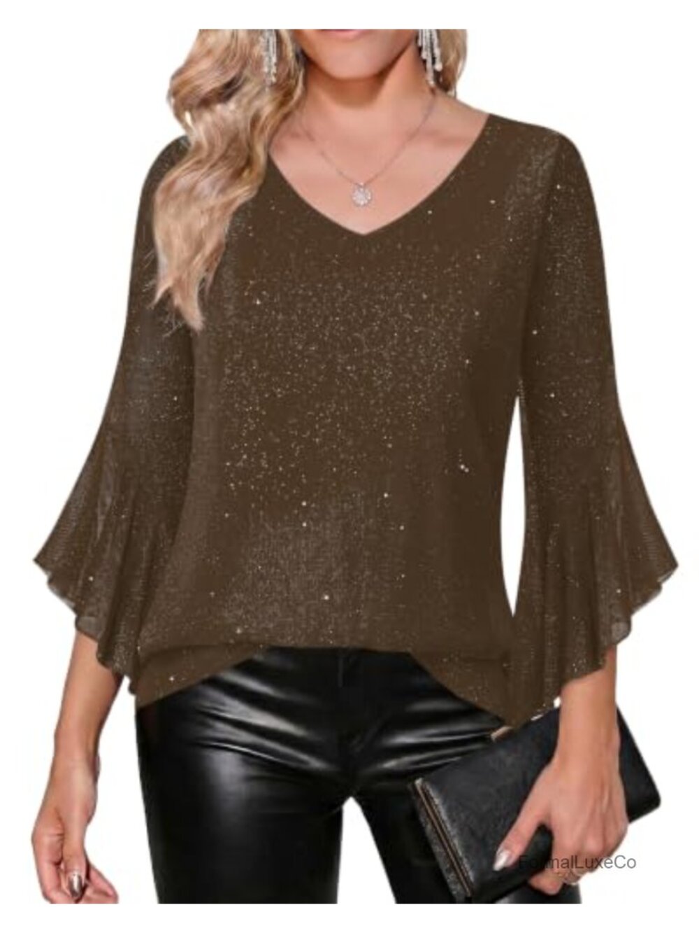 Women's Sequined 3/4 Sleeve V-Neck Blouse Double Layer Mesh Party Top